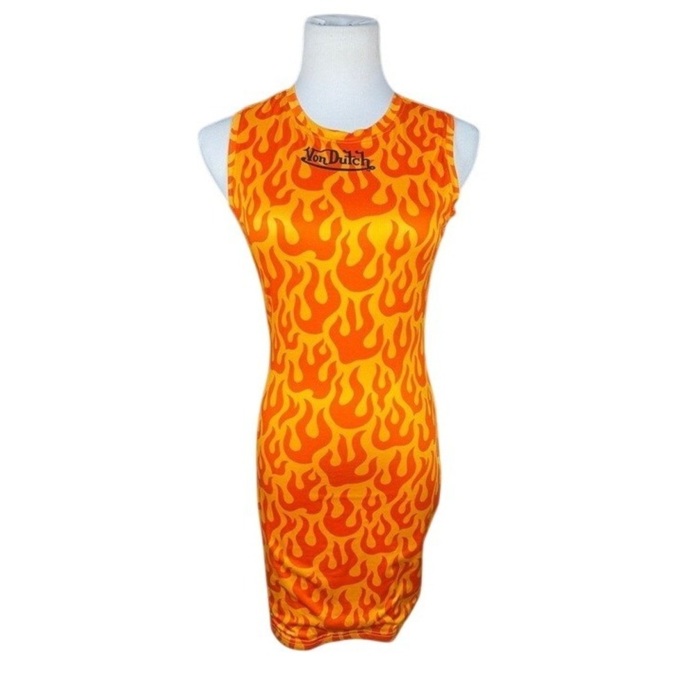 Von Dutch Womens Flame Print Bodycon Mini Dress Orange Yellow Sleeveless Large
